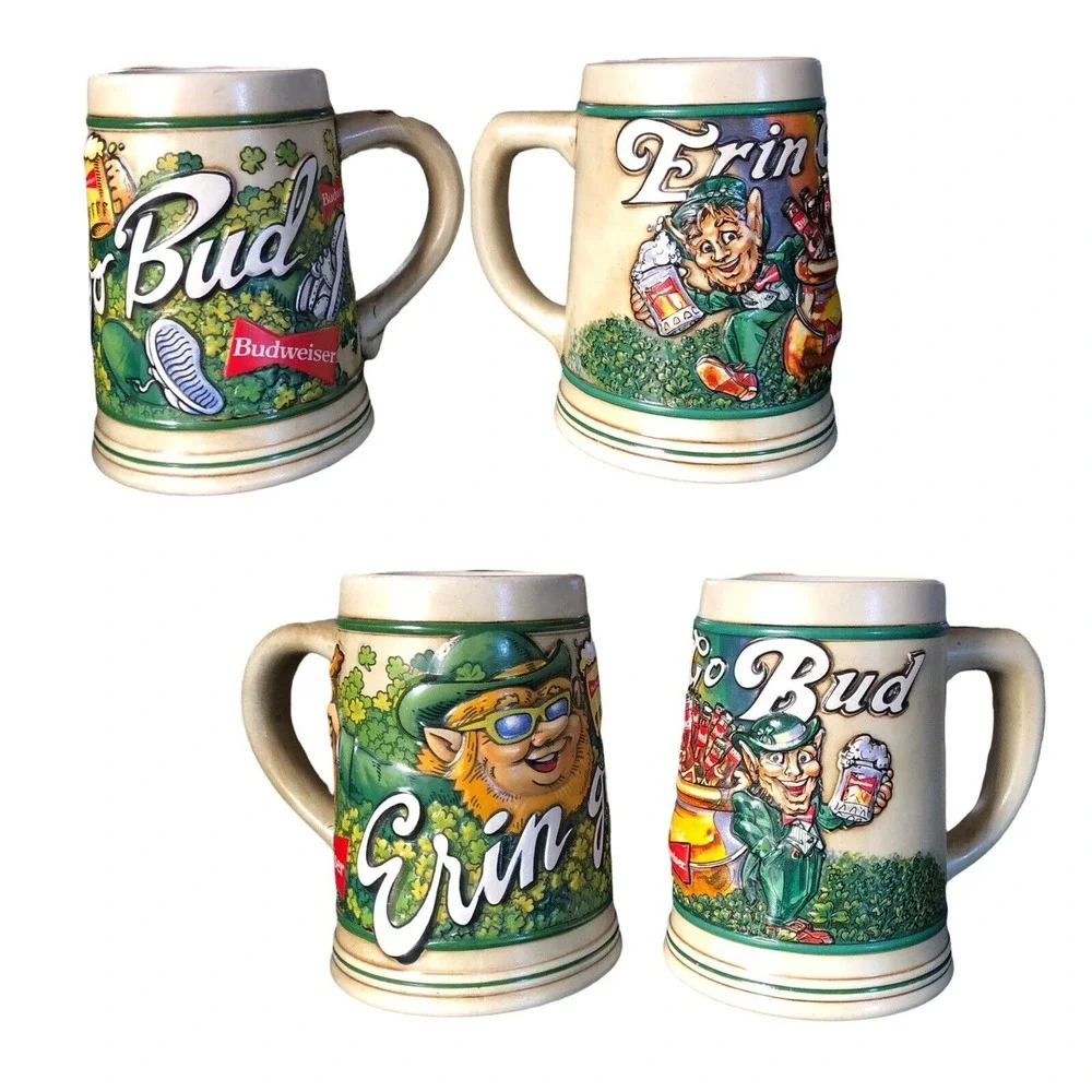 2 Anheuser Budweiser Mugs Stein Erin Go Bud‎ Leprechaun St Patrick's Day 1992